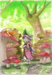  1girl barefoot chin_strap commentary forest frog full_body highres isaki_tanaka japanese_clothes kimono landscape leaf leaf_on_head minigirl mushroom nature needle obi open_mouth outdoors purple_hair ribbon sash scenery short_hair short_sleeves signature solo sukuna_shinmyoumaru tiptoes touhou traditional_media tree tree_shade yellow_eyes 