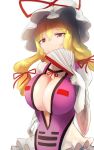  1girl adapted_costume blonde_hair breasts cleavage cleavage_cutout elbow_gloves fan folding_fan fox_tail gloves hair_ribbon hat hat_ribbon highres large_breasts long_hair looking_at_viewer mob_cap red_ribbon ribbon smile solo tabard tail touhou tress_ribbon twilightrain under_boob upper_body white_gloves wide_sleeves yakumo_yukari yellow_eyes 
