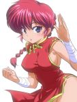  1girl bandaged_arm bare_legs blue_eyes braid breasts chinese_clothes eyeliner female fighting_stance genderswap genderswap_(mtf) looking_at_viewer makeup meguro_sankichi no_bra no_panties qipao ranma-chan ranma_1/2 redhead saotome_ranma sideboob simple_background single_braid sleeveless solo tagme upper_body white_background 