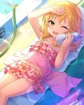  1girl artist_request bikini blonde_hair bottle frilled_swimsuit frills green_eyes hair_between_eyes hand_on_head idolmaster idolmaster_cinderella_girls long_hair official_art one_eye_closed pool sakurai_momoka solo sweat swimsuit towel water_bottle wavy_hair 