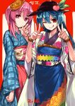  2016 2girls adapted_costume akanagi_youto blue_hair double_v food fruit furisode hair_between_eyes hat hata_no_kokoro hinanawi_tenshi japanese_clothes kimono long_hair long_sleeves looking_at_viewer multiple_girls obi one_eye_closed peach pink_eyes pink_hair plaid red_eyes sash tongue tongue_out touhou v wide_sleeves 