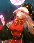  1girl black_nails blonde_hair chinese_clothes full_moon hat junko_(touhou) large_breasts long_hair looking_up moon nagare nail_polish open_mouth red_eyes solo tabard touhou very_long_hair wide_sleeves 