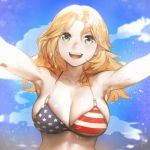 1girl :d american_flag_bikini aos_libido armpits asymmetrical_bangs bangs bare_arms bare_shoulders bikini bikini_top blonde_hair blue_eyes blue_sky breasts cleavage day flag_print foreshortening girls_und_panzer grin hair_between_eyes halter_top halterneck horizontal_stripes kay_(girls_und_panzer) large_breasts long_hair looking_at_viewer open_mouth outdoors outstretched_arms sky smile solo star star_perint star_print striped swimsuit teeth upper_body water water_drop wet 