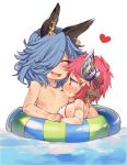  1boy 1girl animal_ears batten_(yukibara_7) bikini blush cow_ears cow_horns doraf drunk_(granblue_fantasy) earrings erun_(granblue_fantasy) granblue_fantasy hair_over_one_eye heart horns innertube jewelry long_hair partially_submerged red_eyes shared_innertube smile strum_(granblue_fantasy) swimsuit water wet 