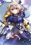  1girl armor armored_dress blonde_hair braid breasts fate/apocrypha fate/grand_order fate_(series) faulds gauntlets headpiece highres ichiren_namiro long_hair looking_at_viewer ruler_(fate/apocrypha) single_braid smile solo thigh-highs violet_eyes weapon 