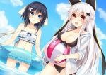  2girls :o ball beachball bikini black_bikini black_hair black_ribbon blue_sky blush bow breasts butterfly_hair_ornament cleavage clouds collarbone day dutch_angle etna etna_(kuzuyu) eyebrows eyebrows_visible_through_hair flat_chest frilled_bikini frills hair_between_eyes hair_bow hair_ornament hair_ribbon holding holding_ball innertube kuzuyu long_hair long_sleeves looking_at_viewer medium_breasts multiple_girls open_clothes open_shirt original outdoors parted_lips red_eyes ribbon rivier_(kuzuyu) scrunchie see-through shirt short_hair side-tie_bikini silver_hair sky standing swimsuit tareme transparent very_long_hair wading water white_bikini white_bow white_ribbon white_shirt wrist_scrunchie 