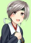  1girl blush breasts chitose_(kantai_collection) green_background grey_eyes grey_hair hair_ribbon hand_on_own_chest headband highres japanese_clothes kamelie kantai_collection long_sleeves looking_at_viewer open_mouth ribbon simple_background smile solo sweatdrop upper_body 