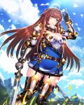  1girl ahoge armor armored_boots belt black_legwear blue_eyes blue_sky boots breasts brown_hair cleavage clouds dress garter_straps gloves greaves gyakushuu_no_fantasica holding holding_sword holding_weapon katagiri_hachigou long_hair official_art sky smile solo sword thigh-highs weapon 