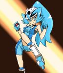  1girl a.k.o.t. blue_eyes blue_hair cosplay helmet ibuki_(pokemon) koruni_(pokemon) koruni_(pokemon)_(cosplay) long_hair pokemon pokemon_(game) pokemon_gsc pokemon_hgss pokemon_xy skates solo 