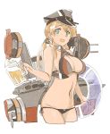  1girl alternate_costume anchor_hair_ornament bare_shoulders bikini blonde_hair breasts cleavage commentary_request german_flag_bikini green_eyes hair_ornament hat kantai_collection large_breasts long_hair looking_at_viewer low_twintails ningen_(ningen96) peaked_cap prinz_eugen_(kantai_collection) simple_background solo swimsuit twintails white_background 