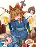  3girls :d ^_^ alcohol beer beer_mug black_hair blue_hair bottle bow brown_hair chopsticks closed_eyes drunk food glass hair_bobbles hair_bow hair_ornament hat horns ibuki_suika japanese_clothes kawashiro_nitori kazaguruma kimono long_hair multiple_girls open_mouth purple_bow red_bow shameimaru_aya short_hair sleeping smile tokin_hat touhou 