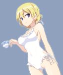  1girl blonde_hair blue_eyes braid breasts casual_one-piece_swimsuit cup darjeeling drink frilled_swimsuit frills girls_und_panzer highres looking_at_viewer nanashino one-piece_swimsuit side-tie_swimsuit smile solo swimsuit teacup thigh_gap thighs violet_eyes white_swimsuit 