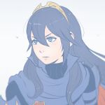  1girl armor artist_name blue_eyes blue_hair blurry blush depth_of_field female fire_emblem fire_emblem:_kakusei hair_between_eyes koyorin long_hair looking_afar looking_at_viewer looking_to_the_side lucina mole mole_under_mouth pale_color parted_lips pink_lips portrait shoulder_pads simple_background solo symbol-shaped_pupils tiara watermark web_address white_background 