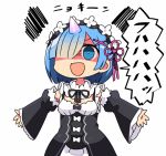  1girl :d blue_eyes blue_hair breasts detached_sleeves dress frills hair_ornament hair_over_one_eye horn kanikama lowres maid maid_headdress oni oni_horns open_hands open_mouth outstretched_arms re:zero_kara_hajimeru_isekai_seikatsu rem_(re:zero) ribbon shaded_face short_hair smile solo translation_request x_hair_ornament 
