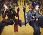  2boys black_hair blue_eyes bridal_gauntlets brown_hair camellia_(flower) earrings finger_to_mouth flower hakama hanasaki_coa haori japanese_clothes jewelry kashuu_kiyomitsu katana leaf legs_crossed male_focus mole mole_under_eye mole_under_mouth multiple_boys nail_polish ponytail red_eyes red_nails red_rose rose sandals scarf sitting smile sword tabi touken_ranbu weapon yamato-no-kami_yasusada 