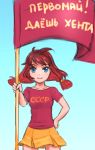  1girl blue_eyes cccp flag orikanekoi redhead russian russian_text shirt simple_background skirt slogan smile t-shirt text tied_hair translated twintails ussr-tan 