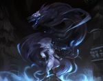  1girl arrow blue blue_eyes bodysuit bow_(weapon) dark dark_background drooling electricity female from_side height_difference holding holding_sword holding_weapon hooves kindred lamb_(league_of_legends) league_of_legends long_hair mask monster nature no_humans outdoors pillar plant railing saliva sharp_teeth siakim solo spirit standing sword teeth weapon white_hair wolf 