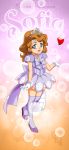  1girl bishoujo_senshi_sailor_moon blue_eyes brooch brown_hair circlet cosplay disney drachea_rannak dress full_body gloves heart jewelry open_mouth parody purple_dress ribbon sailor_collar sailor_senshi sailor_senshi_(cosplay) short_dress smile sofia_(disney) sofia_the_first solo thigh-highs tiara watermark white_gloves 