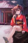  1girl absurdres architecture bangs blue_ribbon bow breasts brown_hair building choker collaboration east_asian_architecture floral_print fuwaffy geta hair_ribbon head_tilt highres huge_filesize japanese_clothes kimono koutetsujou_no_kabaneri legs lips long_sleeves looking_at_viewer mumei_(kabaneri) obi orange_bow outdoors red_eyes ribbon ribbon_choker sash shide short_hair short_twintails sitting solo tengu-geta tetsu_(aurvandil) twintails wide_sleeves 