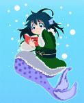  1girl absurdres blue_eyes blue_hair carte crying fish_tail head_fins highres japanese_clothes kimono mermaid monster_girl reading sash solo tears touhou underwater wakasagihime wavy_eyes wavy_mouth wide_sleeves 