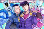  2boys anchor_symbol aqua_eyes bag blue_hair bookbag chikimai crazy_diamond dollar_sign earrings facial_mark gakuran grey_hair heart higashikata_jousuke jewelry jojo_no_kimyou_na_bouken male_focus multicolored_hair multiple_boys nijimura_okuyasu over_shoulder peace_symbol pompadour purple_hair school_uniform stud_earrings the_hand_(stand) two-tone_hair yen_sign 