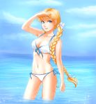  1girl bikini blonde_hair blue_eyes braid everlasting_summer long_hair orikanekoi slavya-tan solo swimsuit twin_braids water 
