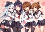  4girls ;3 ;d akatsuki_(kantai_collection) arm_grab black_legwear blue_eyes blue_hair blush brown_eyes brown_hair cowboy_shot cut_(bu-kunn) flat_cap floral_background folded_ponytail from_behind hair_between_eyes hair_ornament hair_up hairclip hand_on_another&#039;s_shoulder hat hibiki_(kantai_collection) ikazuchi_(kantai_collection) inazuma_(kantai_collection) jitome kantai_collection long_hair looking_at_viewer miniskirt multiple_girls neckerchief one_eye_closed open_mouth panties pantyhose pantyshot pink_background pleated_skirt profile sailor_collar sailor_hat school_uniform serafuku short_hair shy silver_hair skirt smile smug standing standing_on_one_leg thigh-highs thighs underwear zettai_ryouiki 