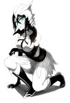  1girl arrancar black_hair bleach boots breasts elbow_gloves female full_body genderswap genderswap_(mtf) gloves green_eyes monochrome skirt solo spot_color ulquiorra_cifer white_background 