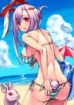  1girl akanagi_youto animal_ears ass ball bare_shoulders beach beach_umbrella beachball bikini blue_sky breasts clouds cloudy_sky cowboy_shot erect_nipples from_behind front-tie_bikini front-tie_top halter_top halterneck highres large_breasts looking_at_viewer looking_back parted_lips purple_hair rabbit rabbit_ears red_eyes reisen_udongein_inaba sand side-tie_bikini sketch sky solo standing striped striped_bikini swimsuit touhou umbrella 