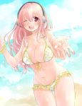  1girl absurdres ayu_(sweetfish_man) beach bikini blush breasts cleavage headphones highres large_breasts long_hair looking_at_viewer navel nitroplus open_mouth pink_eyes pink_hair smile solo super_sonico swimsuit 