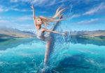  1girl artist_name blonde_hair dancing hayden_mackenzie highres lake long_hair mountain original solo splashing water 