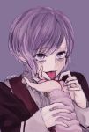  1boy 1girl bags_under_eyes blood cherry_dot collared_shirt crying diabolik_lovers fangs frills komori_yui licking loose_clothes out_of_frame purple_background purple_hair sakamaki_kanato school_uniform sharp_nails simple_background smile solo_focus tears tongue tongue_out uniform upper_body vampire violet_eyes 