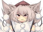  _arupakapaka_ animal_ears hat inubashiri_momiji looking_at_viewer multiple_tails pom_pom_(clothes) pom_poms tail tokin_hat touhou two_tails violet_eyes white_hair wolf_ears wolf_tail 