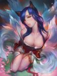  10s 1girl 2015 ahri animal_ears arm_at_side bangs bare_shoulders between_legs blue_hair breasts cleavage collarbone dated downblouse eyelashes fox_ears fox_tail from_above full_body hand_between_legs head_tilt highres korean_clothes large_breasts league_of_legends long_hair long_sleeves multiple_tails off_shoulder open_mouth petals pink_lips seiza signature sitting solo swept_bangs tail veins whisker_markings wide_sleeves xiao_duzi yellow_eyes 