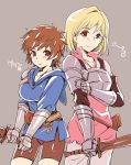  1boy 1girl akari_seisuke armor bike_shorts blonde_hair breasts djeeta_(granblue_fantasy) fighter_(granblue_fantasy) genderswap genderswap_(ftm) genderswap_(mtf) gran_(granblue_fantasy) granblue_fantasy grey_background hairband highres holding holding_weapon hood hoodie looking_at_viewer simple_background smile sword weapon 