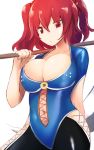  1girl :/ adapted_costume breasts cleavage cowboy_shot hair_bobbles hair_ornament highres large_breasts looking_at_viewer navel onozuka_komachi over_shoulder red_eyes redhead short_hair short_sleeves skin_tight solo touhou twilightrain twintails weapon weapon_over_shoulder 