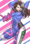  1girl arms_up breasts brown_eyes brown_hair character_name d.va_(overwatch) facial_mark leg_lift long_hair looking_at_viewer medium_breasts naughty_face overwatch smile smirk solo taka-michi thighs whisker_markings 