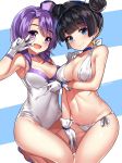  2girls :d artist_name bangs bare_legs bikini black_hair blue_eyes blunt_bangs blush breast_hold breasts casual_one-piece_swimsuit choker cleavage closed_mouth collarbone cowboy_shot double_bun earrings female gendo0033 gloves grey_swimsuit hand_gesture hand_on_another&#039;s_shoulder hands_up hat highres houkago_no_pleiades itsuki_(houkago_no_pleiades) jewelry leg_up looking_at_viewer medium_breasts mini_hat multiple_girls nanako_(houkago_no_pleiades) navel no_legwear one-piece_swimsuit open_mouth purple_hair purple_hat purple_shoes shoes short_hair smile standing standing_on_one_leg star star_earrings stomach swimsuit thighs two-tone_background v_over_eye violet_eyes white_bikini white_gloves white_hat 