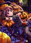  1girl absurdres annindoufu_(oicon) black_dress black_ribbon brown_eyes brown_hair dress elbow_gloves gloves hair_ribbon highres idolmaster idolmaster_cinderella_girls looking_at_viewer lying moon night ogata_chieri on_back outdoors pumpkin red_flower ribbon short_twintails solo twintails 
