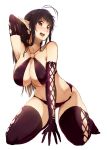  1girl ahoge arm_up armpits black_hair blush breasts brown_bikini brown_eyes brown_gloves brown_legwear earrings elbow_gloves gloves highres jewelry katori_(pso2) kneeling large_breasts long_hair o-ring_bikini open_mouth phantasy_star phantasy_star_online_2 pointy_ears simple_background smile solo thigh-highs tokiwa_mmm under_boob white_background 