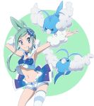  10s 1girl aqua_eyes aqua_hair arm_warmers artist_request asymmetrical_legwear earrings idol jewelry looking_at_viewer lucia_(pokemon) midriff navel pokemon pokemon_(game) pokemon_oras short_shorts shorts simple_background swablu tagme thigh-highs thigh_gap under_boob 