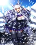  1girl :d animal_ears boots breasts cleavage cleavage_cutout dress dual_wielding fingerless_gloves gloves grey_legwear gyakushuu_no_fantasica holding holding_sword holding_weapon katagiri_hachigou long_hair looking_at_viewer official_art open_mouth silver_hair smile snow solo sword teeth thigh-highs thigh_boots tree weapon yellow_eyes 