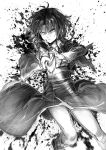  &gt;:&lt; 1girl closed_mouth female highres holding holding_weapon jacket japanese_clothes kara_no_kyoukai knife looking_at_viewer messy_hair monochrome puma_(hyuma1219) ryougi_shiki sketch solo weapon white_background 