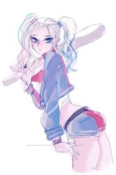  1girl ass baseball_bat batman_(series) blonde_hair blue_eyes blue_hair breasts dc_comics harley_quinn jacket short_shorts shorts solo suicide_squad twintails 