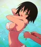  1girl bikini black_hair blush breasts green_eyes hands kamiyoshi_rika large_breasts open_mouth original see-through see-through_silhouette short_hair solo_focus swimsuit tan tanline untied untied_bikini 