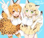 /\/\/\ 2girls :o ;d alternate_eye_color animal_ears aqua_background arm_up armpits blonde_hair blush bow bowtie breast_pocket breasts cat_ears cat_tail check_commentary clenched_hands commentary_request copyright_name cross-laced_clothes elbow_gloves eyebrows_visible_through_hair eyelashes fangs frilled_skirt frills from_above gloves gradient_hair green_eyes hands_up itonoko kemono_friends kneehighs large_breasts leg_lift looking_at_viewer looking_up multicolored multicolored_background multicolored_hair multiple_girls one_eye_closed open_mouth orange_eyes orange_hair outline pocket sand_cat_(kemono_friends) sanpaku serval_(kemono_friends) serval_ears serval_print serval_tail shirt short_hair skirt sleeveless sleeveless_shirt smile socks streaked_hair striped_tail tail tareme teeth thigh-highs twitter_username two-tone_background v white_background white_hair white_shirt zettai_ryouiki 