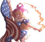  1girl american_flag american_flag_dress american_flag_legwear blonde_hair clownpiece commentary dress fire fourth_of_july hat jester_cap long_hair looking_at_viewer mefomefo neck_ruff outstretched_arms pantyhose pink_eyes polka_dot short_dress short_sleeves simple_background smile solo star striped teeth torch touhou very_long_hair 