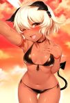  1girl ;d bikini black_bikini black_rock_shooter blush breasts dark_skin demon_tail fang front-tie_top gluteal_fold hand_on_own_chest looking_at_viewer m-da_s-tarou one_eye_closed open_mouth red_eyes short_hair side-tie_bikini small_breasts smile solo strength_(black_rock_shooter) swimsuit tail tattoo thigh_gap wet white_hair 