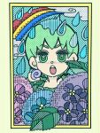  1girl :o clouds diagonal_stripes eyelashes face flower foo_fighters frame green_eyes green_hair halftone hydrangea jojo_no_kimyou_na_bouken karuma_(gi10100609) looking_at_viewer neck open_mouth rain rainbow short_hair snail solo star star-shaped_pupils striped symbol-shaped_pupils upper_body vertical_stripes water_drop 