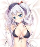 1girl bare_shoulders bed_sheet beret bikini bikini_top black_bikini black_bikini_top black_hat blue_eyes blush breasts cleavage closed_mouth collarbone from_above hat head_tilt kantai_collection kashima_(kantai_collection) large_breasts looking_at_viewer off_shoulder open_clothes open_shirt shirt silver_hair smile solo sousouman swimsuit twintails upper_body wavy_mouth white_shirt 
